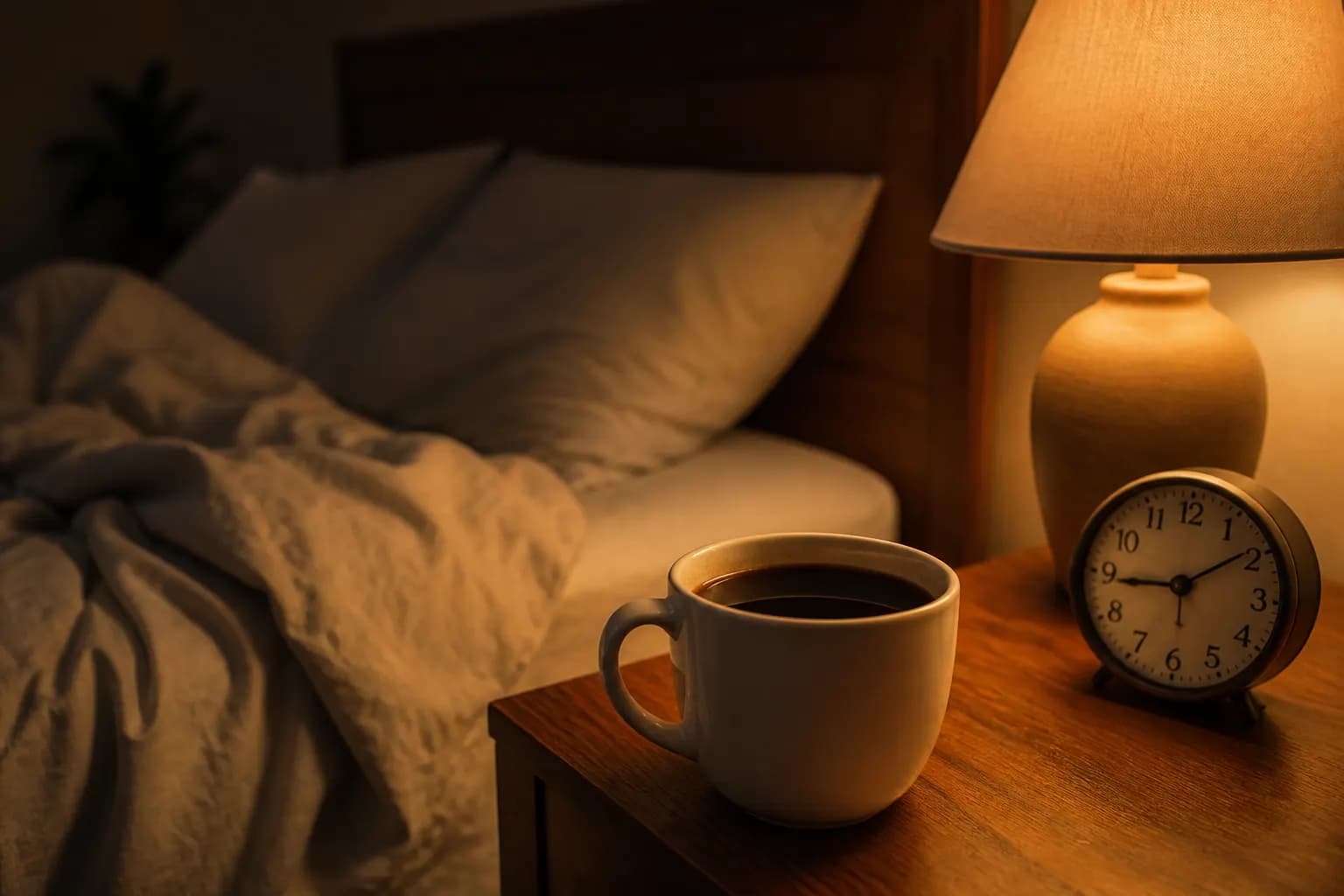 Tasse de café sur la table de nuit — caféine trop tardive
