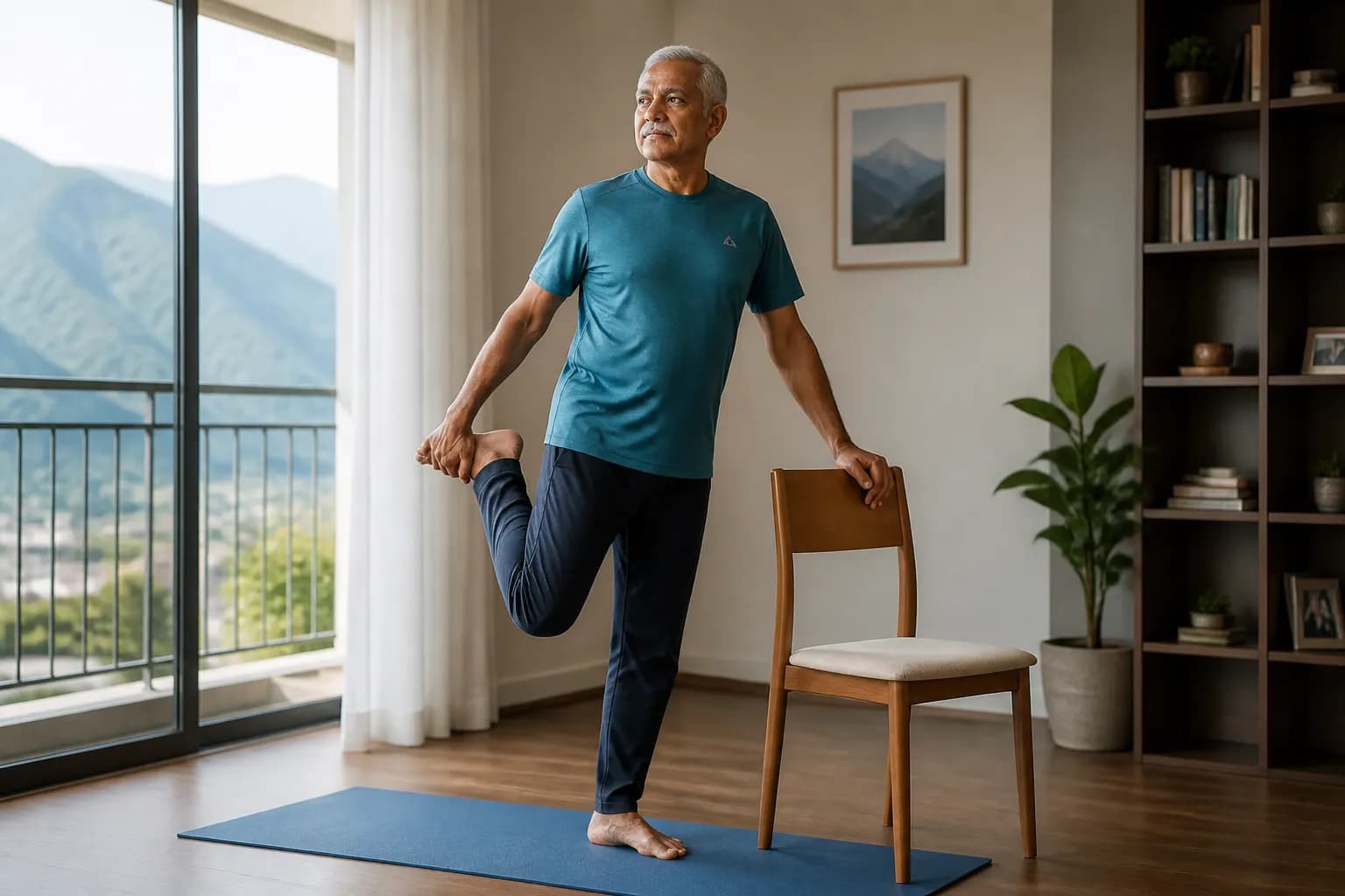 Homme senior pratiquant une posture de yoga en extérieur