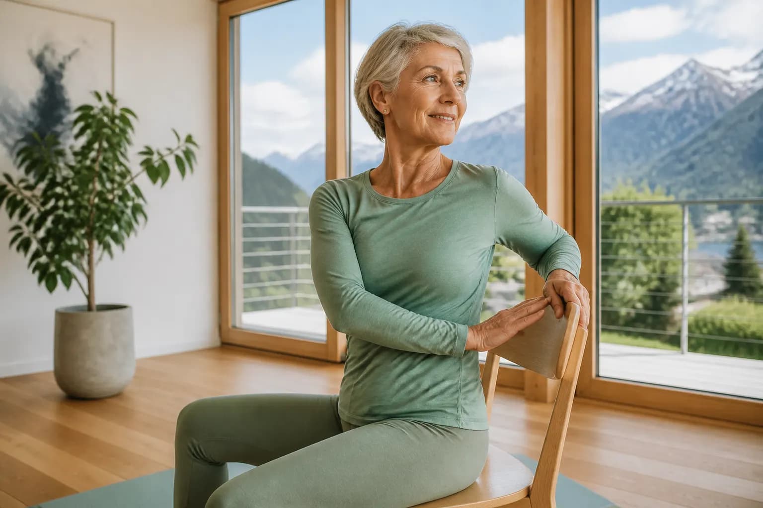 Femme senior pratiquant le yoga en douceur sur un tapis
